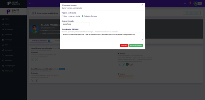Modal de impressão do histórico escolar com tipo de assinatura e data de emissão