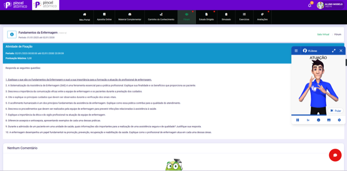 Fórum da disciplina com atividade de fixação e lista de perguntas para o aluno responder