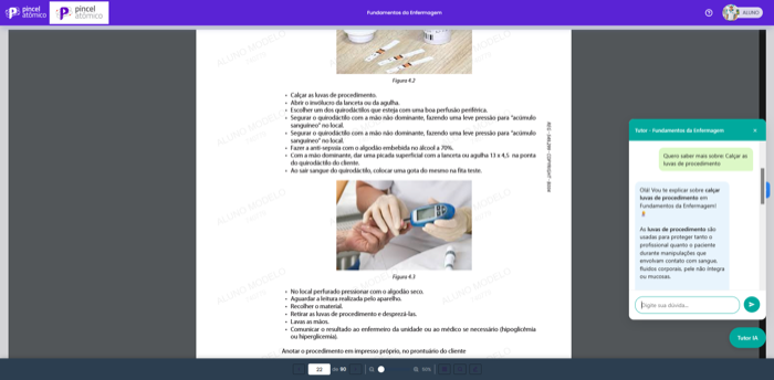 Painel do Tutor de IA respondendo dúvida do aluno sobre o conteúdo da apostila aberta ao lado