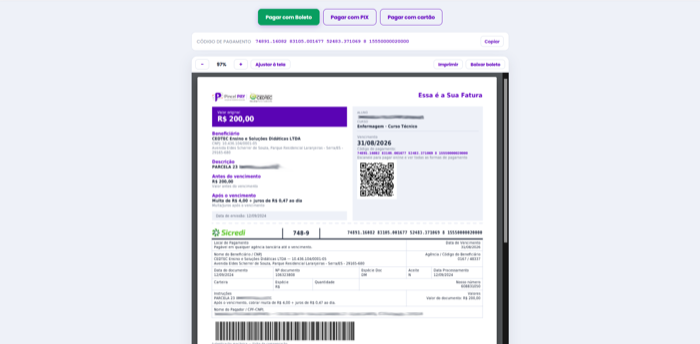 Boleto registrado com linha digitável, vencimento e dados bancários da escola