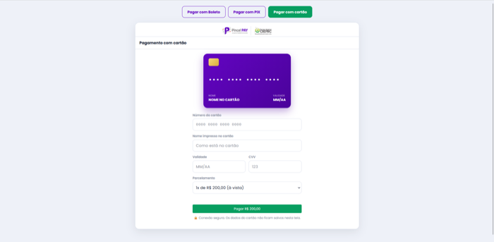 Checkout de pagamento no cartão de crédito com opções de parcelamento